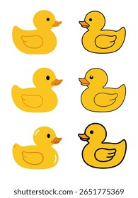 A playful illustration featuring six yellow rubber ducks arranged in three rows of two, facing each other. The ducks are simple, cartoonish, and set against a clean white background.