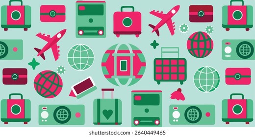 A playful illustration featuring stylized suitcases, globes, and airplanes in pink and teal.