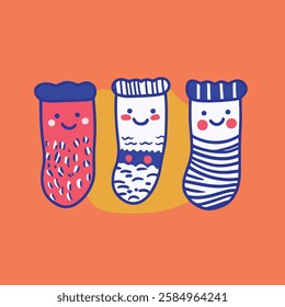 A playful illustration featuring three cartoonish socks with cheerful faces. Each sock has a unique design: one is dotted, another has a wavy pattern, and the third is striped. 