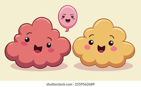 A playful illustration featuring two adorable cloud-like characters in red and yellow, both with cheerful expressions. 