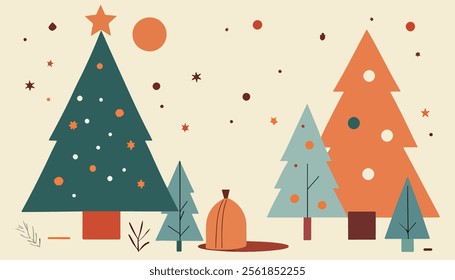 A playful illustration featuring a variety of stylized Christmas trees in different colors and sizes, adorned with decorative elements like stars and ornaments.