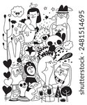 A playful illustration featuring a variety of whimsical doodle characters in black and white, including animals, people, and abstract elements.
