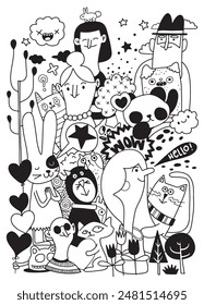 A playful illustration featuring a variety of whimsical doodle characters in black and white, including animals, people, and abstract elements.
