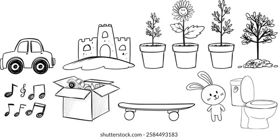 Playful illustration featuring various objects and symbols