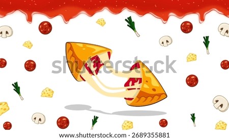 Playful illustration of flying calzone with strings of cheese, pepperoni, and mushrooms on white backdrop, sprinkled with toppings. Ideal for food art, branding, and humorous campaigns.