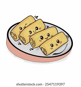 A playful illustration of four kawaii-style spring rolls with cute faces, displayed on a plate. Perfect for themes related to food, fun, and Japanese culture.