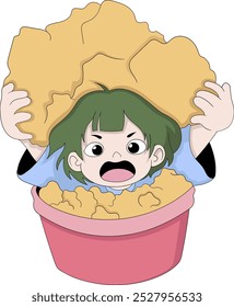 A playful illustration of a girl with green hair excitedly emerging from a bucket of crispy chicken, displaying a joyful and energetic expression