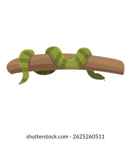 Playful illustration of a green cartoon snake resting on a brown tree branch, isolated on white
