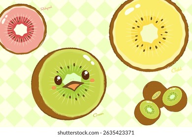 A playful illustration of green, gold, and red kiwifruit cross sections with a charming design. Ideal for food-related materials or POPs.