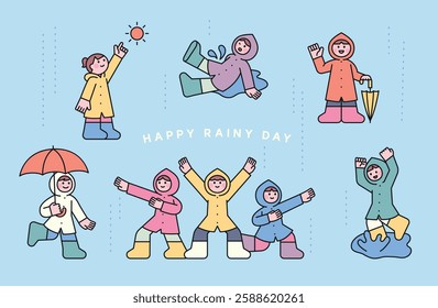 A playful illustration of kids enjoying a rainy day. Features children in colorful raincoats dancing, jumping in puddles, and holding umbrellas. 