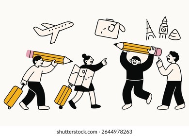 Playful illustration of kids traveling with giant pencils, maps, and luggage. Includes icons of a plane, suitcase, and famous landmarks. A fun mix of creativity and global exploration.