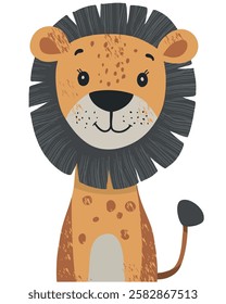 Playful illustration of a lion with a dark mane and cheerful smile, drawn in a whimsical, hand-crafted artistic style