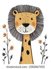 Playful illustration of a lion with a long neck, spotted fur, and a bold mane, surrounded by simple floral elements in a whimsical style.