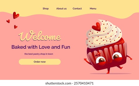 A playful illustration for a main screen featuring a cheerful Red Velvet cupcake character with a friendly smile and a waving hand. Perfect for apps, websites, or dessert-themed projects.