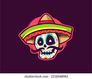 playful illustration of mexican icon sugarskull. Dia de los Muertos cute mascot illustration with sombrero hat and mustache