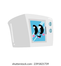 A playful illustration of a microwave with a friendly face, perfect for kitchen-themed designs, children's products, and food-related content. The personification adds a fun and whimsical touch.