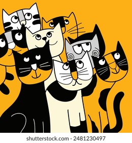 A playful illustration of multiple cartoon cats in black, white, and yellow, set against a vibrant yellow background, featuring varied expressions.
