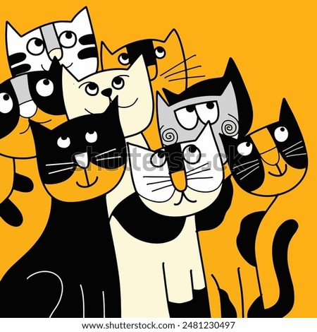 A playful illustration of multiple cartoon cats in black, white, and yellow, set against a vibrant yellow background, featuring varied expressions.

