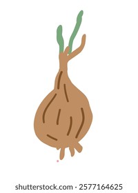 A playful illustration of an onion with green sprouts. Hand drawn simple illustration.	