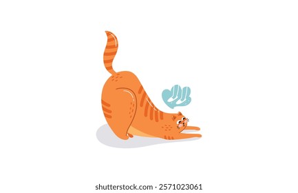 Playful illustration of an orange striped cat stretching with a relaxed expression, featuring a blue motion cloud for added charm.