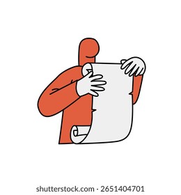 A playful illustration of a person in a red shirt and white gloves holding a scroll, representing creativity, education, and communication concepts in a fun style.