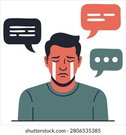 Playful illustration of A sad crying man with dark hair looks down