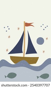 Playful illustration of a sailboat with a blue sail and a red flag, sailing on a wavy sea with two fish swimming below.