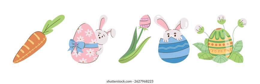 A playful illustration showcasing Easter elements, including a bunny with patterned eggs and a carrot, all rendered in a cute, cartoon style. The design evokes spring and festive celebrations.
