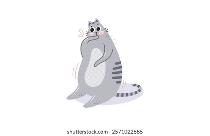 Playful illustration of a shy gray striped cat standing on two legs with blushing cheeks, showing a timid and cute expression.