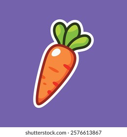 A playful illustration of a single carrot with green leaves on a vibrant purple background. Great for children's books, educational materials, and promoting healthy eating habits.