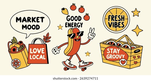 Playful illustration of a skateboarding hotdog with fresh market produce and positive summer vibes design