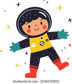 Ilustração lúdica de um astronauta sorridente em um traje espacial cercado por estrelas. Perfeito para temas infantis, projetos espaciais ou desenhos extravagantes.