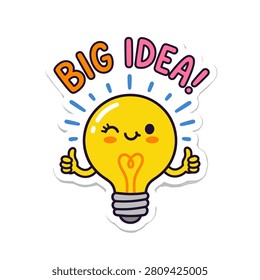 Playful illustration of a smiling light bulb character giving thumbs up with the phrase big idea above its head