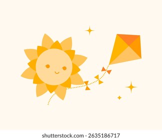 Playful illustration of a smiling sun holding an kite in a soft pastel palette. Perfect for summer designs, kids' decor, baby clothes and stationery