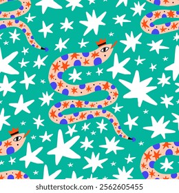 Playful illustration of snakes with bright patterns on a vibrant background. Snake symbol of the year. Vector hand drawn bold illustration