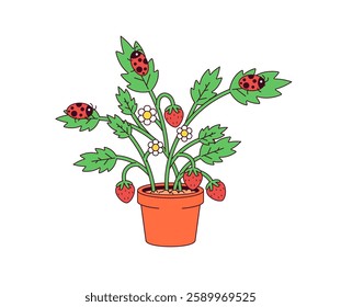 Playful illustration of a strawberry plant with ladybugs, perfect for gardening and nature-themed designs in a bright cartoon style, vector art