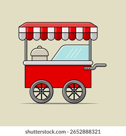 A playful illustration of a traditional red and white street food cart with a striped canopy and sturdy wheels. Perfect for themes related to food, vendors, or urban culture.
