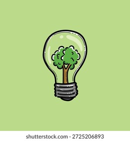 Ilustração lúdica de uma árvore crescendo dentro de uma lâmpada elétrica, simbolizando ideias ecologicamente corretas, energia sustentável e pensamento criativo para um futuro mais verde.