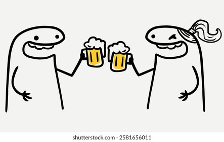 A playful illustration of two quirky characters toasting with beer mugs, celebrating friendship, fun, and good times.