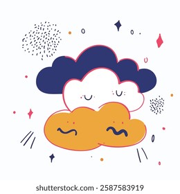 A playful illustration of two stylized clouds, one blue and one yellow, with closed eyes. 