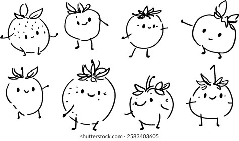 A playful illustration of various cartoon-style fruits, including tomatoes and oranges, with smiling faces and little arms and legs, showcasing different poses and expressions.