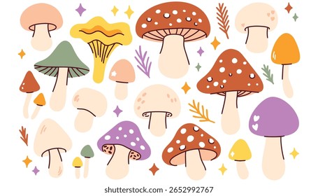 Playful illustration with various forest mushrooms in different colors and shapes. Surrounded by stars and autumn leaves on white background