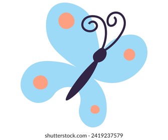 Playful illustration of a whimsical blue butterfly, featuring delightful orange spots on its wings and decorative curly antennae, set against a light backdrop