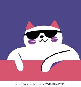 A playful illustration of a white cat wearing sunglasses, with a colorful background. The cat has a cheerful expression and is leaning on a pink surface, exuding a laid-back vibe.
