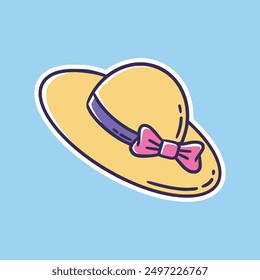 A playful illustration of a yellow sun hat adorned with a pink bow, set against a light blue background.