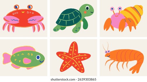 Playful illustrations feature a crab, turtle, hermit crab, colorful fish, starfish, and shrimp in a bright and cheerful underwater environment, celebrating marine biodiversity.