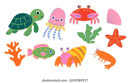  Playful illustrations feature a crab, turtle, hermit crab, colorful fish, starfish, and shrimp in a bright and cheerful underwater environment