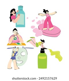Playful Illustrations of Skincare Routine Featuring Diverse Characters and Beauty Products for Spa and Wellness Promotions