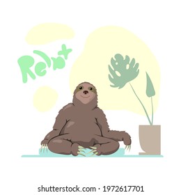 a playful image of a sloth resting on a mat near a pot with a plant with the inscription relax