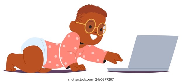 Playful, Inquisitive Baby, Clad In A Polka-dot Onesie And Sporting Oversized Glasses, Reaches Toward A Laptop With Excitement, Showcasing Early Interaction With Technology And Learning, Vector